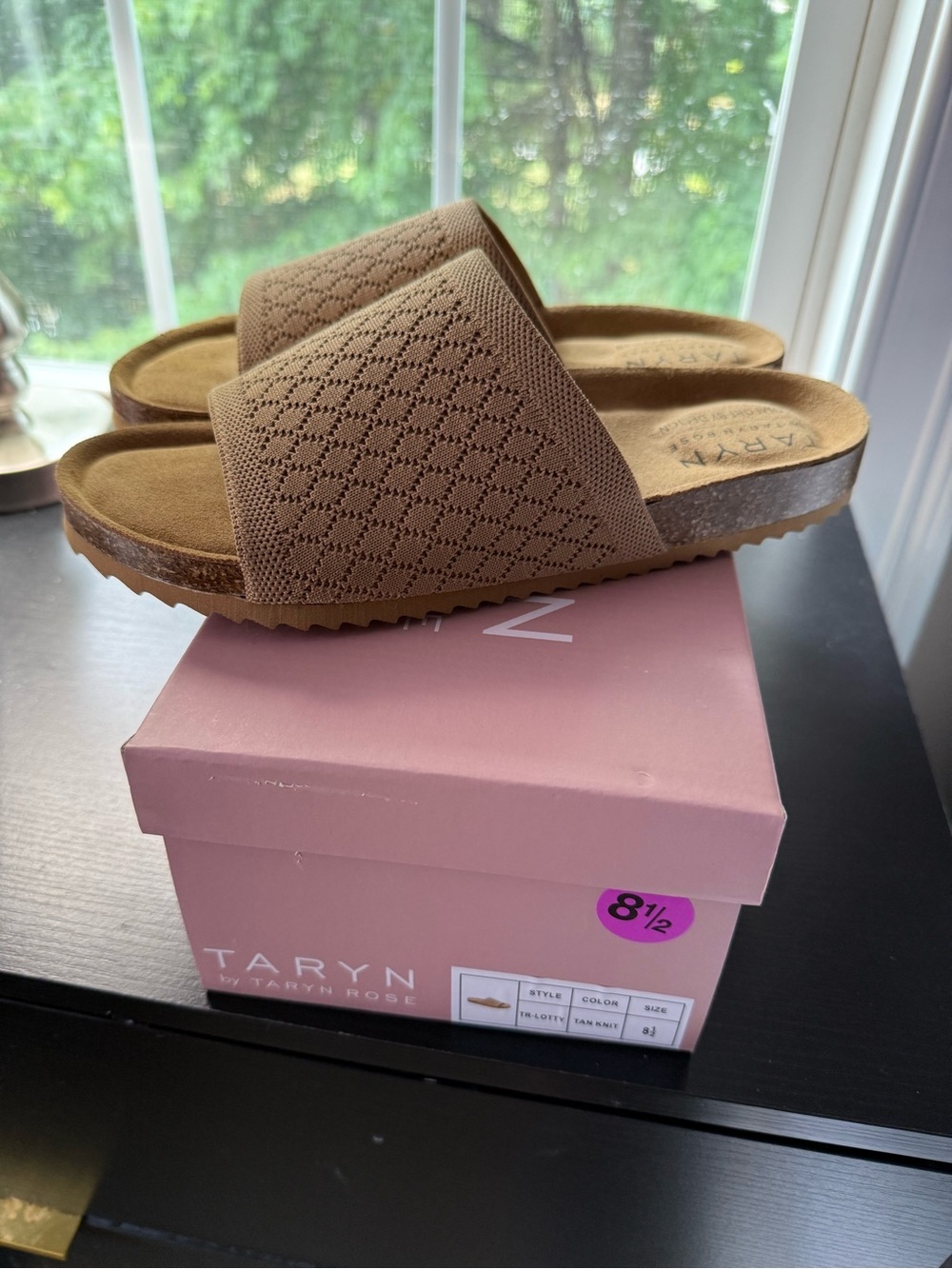 Taryn Rose Lotty Tan Knit Slide Sandals Cork Footbed 8.5 NWOT